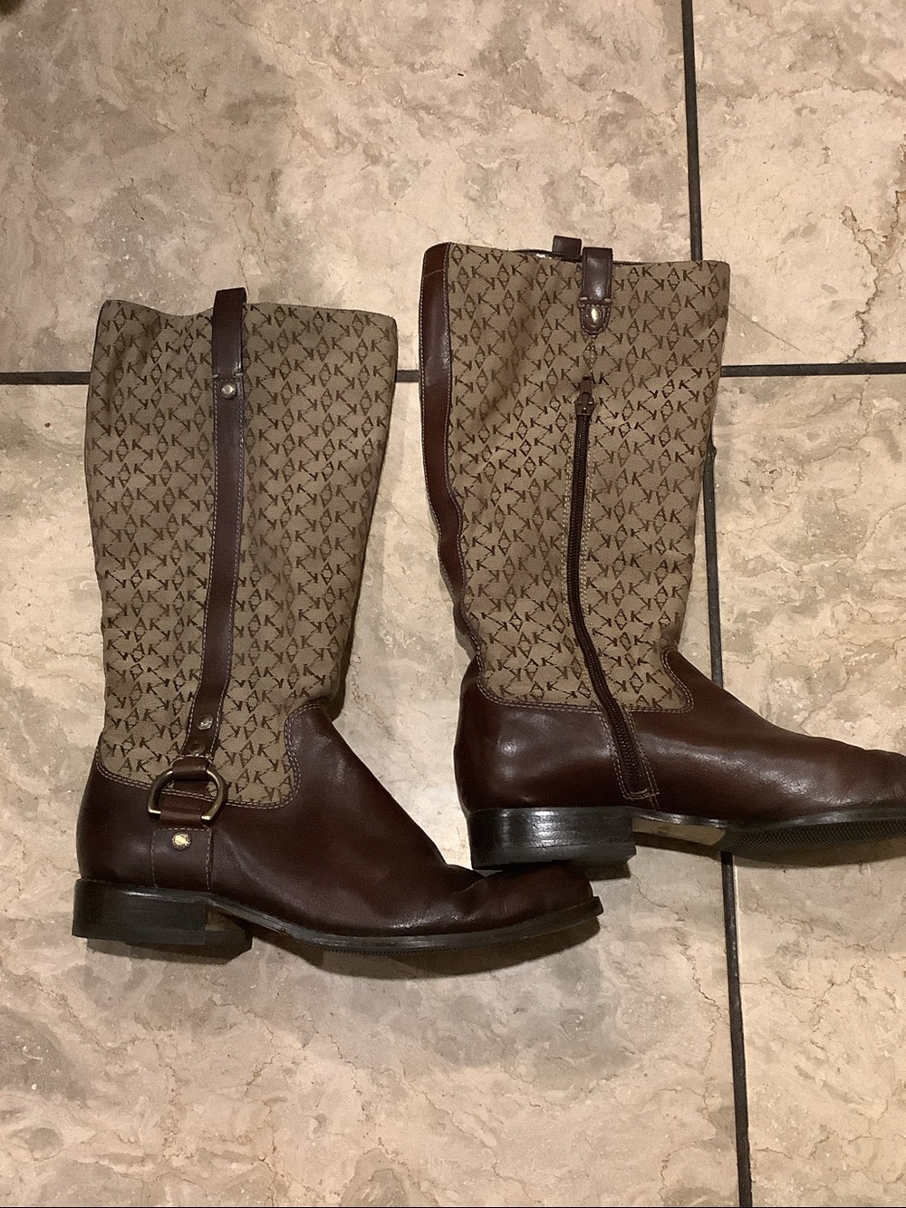 Anne Klein Brown Leather & Logo Canvas Riding Boots